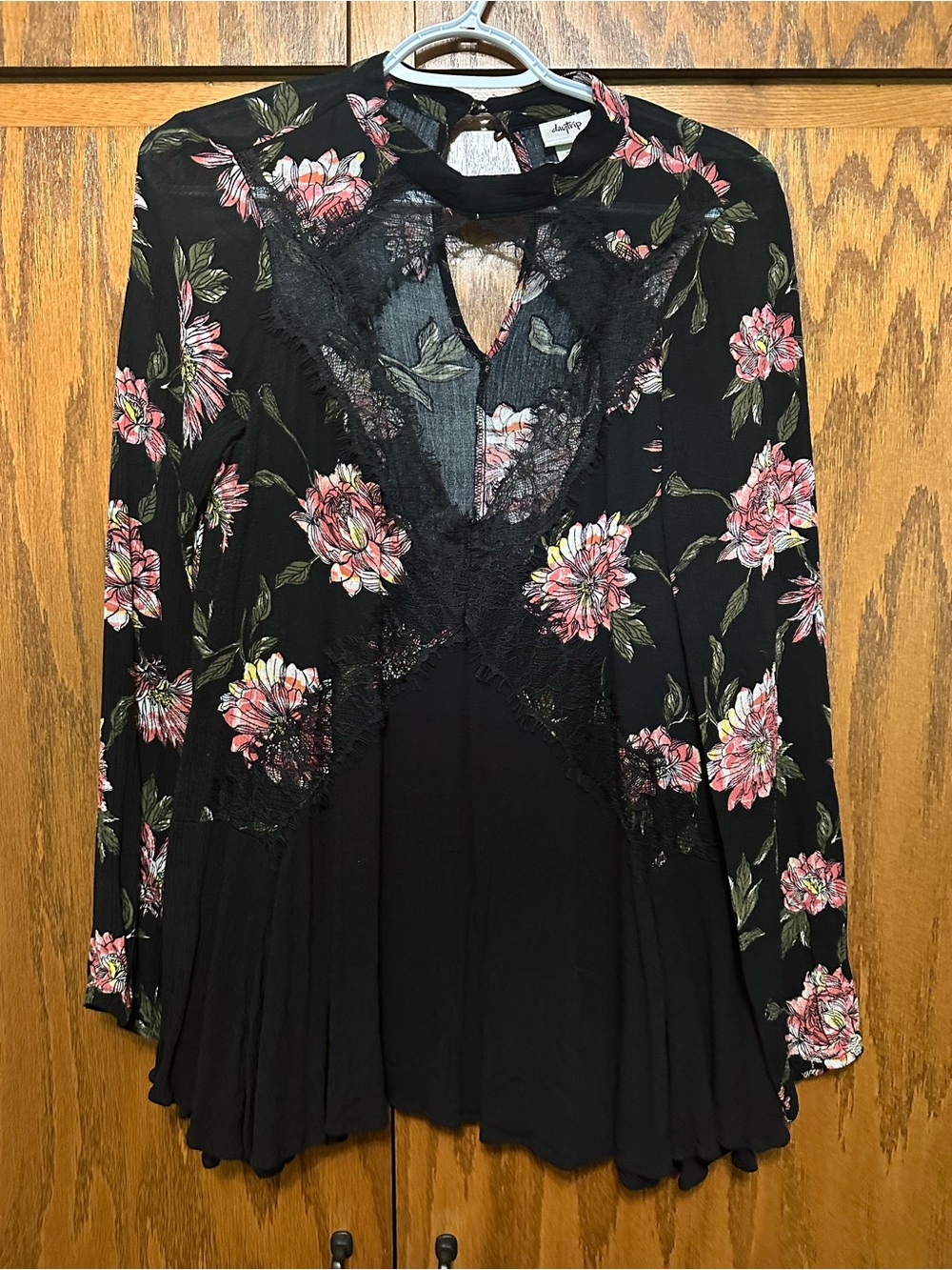 Daytrip Black Floral Lace-Trim Tunic with Pink Flowers